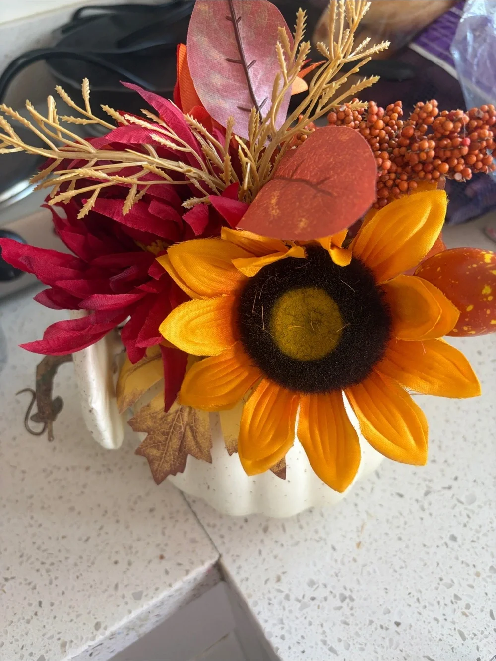 Autumn Harvest White Pumpkin Floral Arrangement with Sunflower New